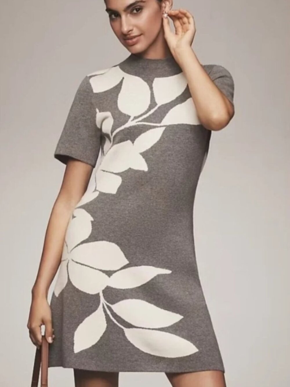Anthropologie Gray Knit Mini Dress with White Leaf Motif
